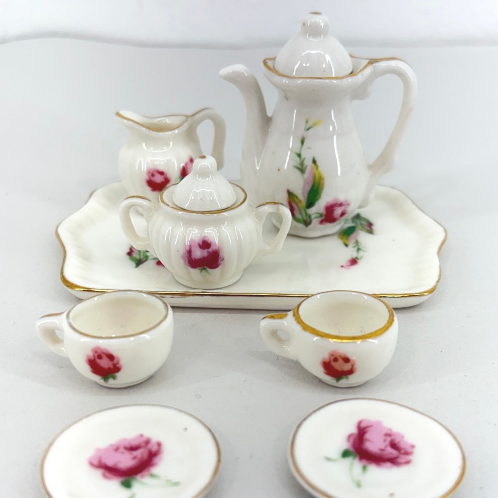 Lefton Vintage Miniature Tea Set Pink Rose Gold Trim 8pc Porcelain 00960 Taiwan